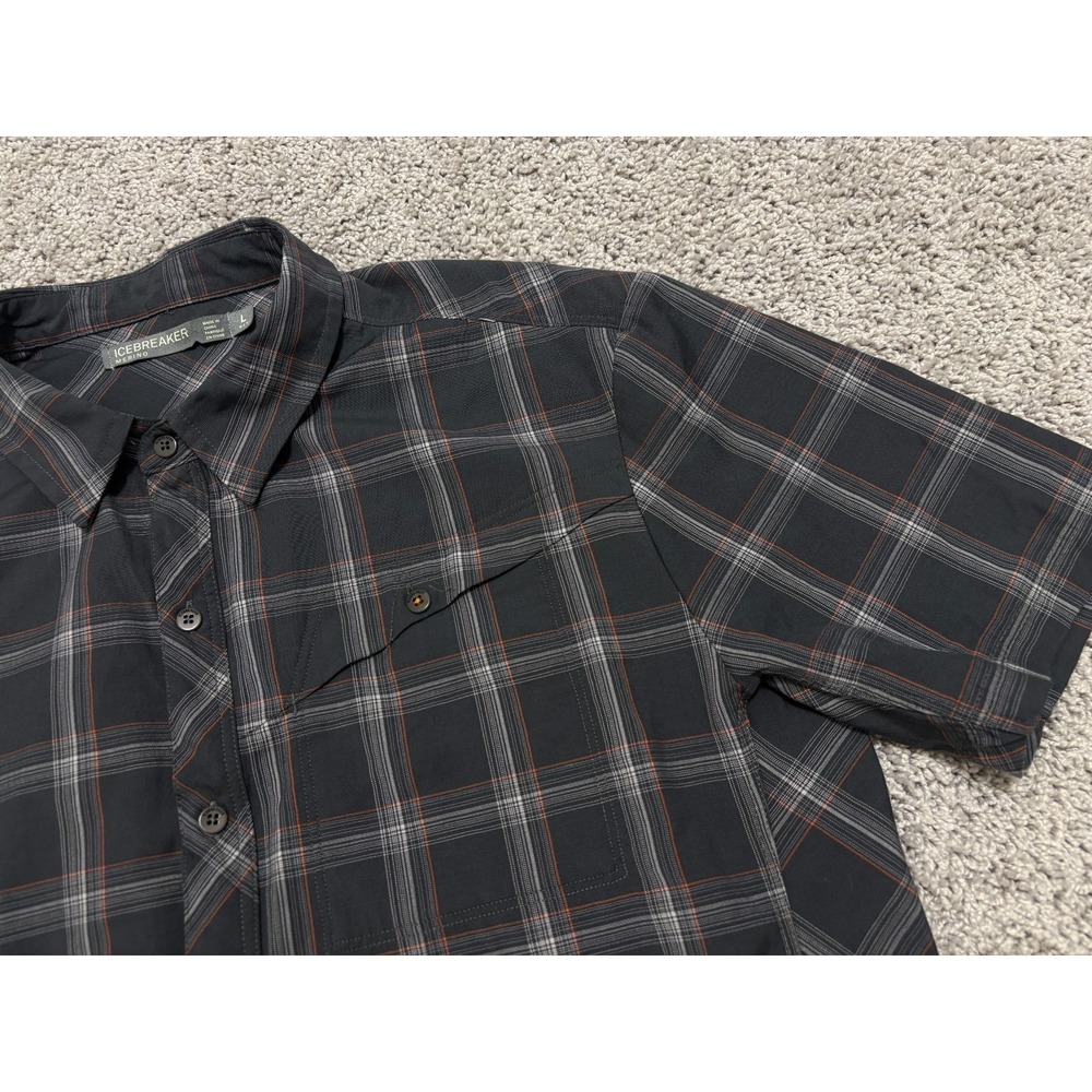 ICBREAKER Merino Shirt Short Sleeve Button Up Wool Gray Plaid Outdoor Men Large - Picture 5 of 16